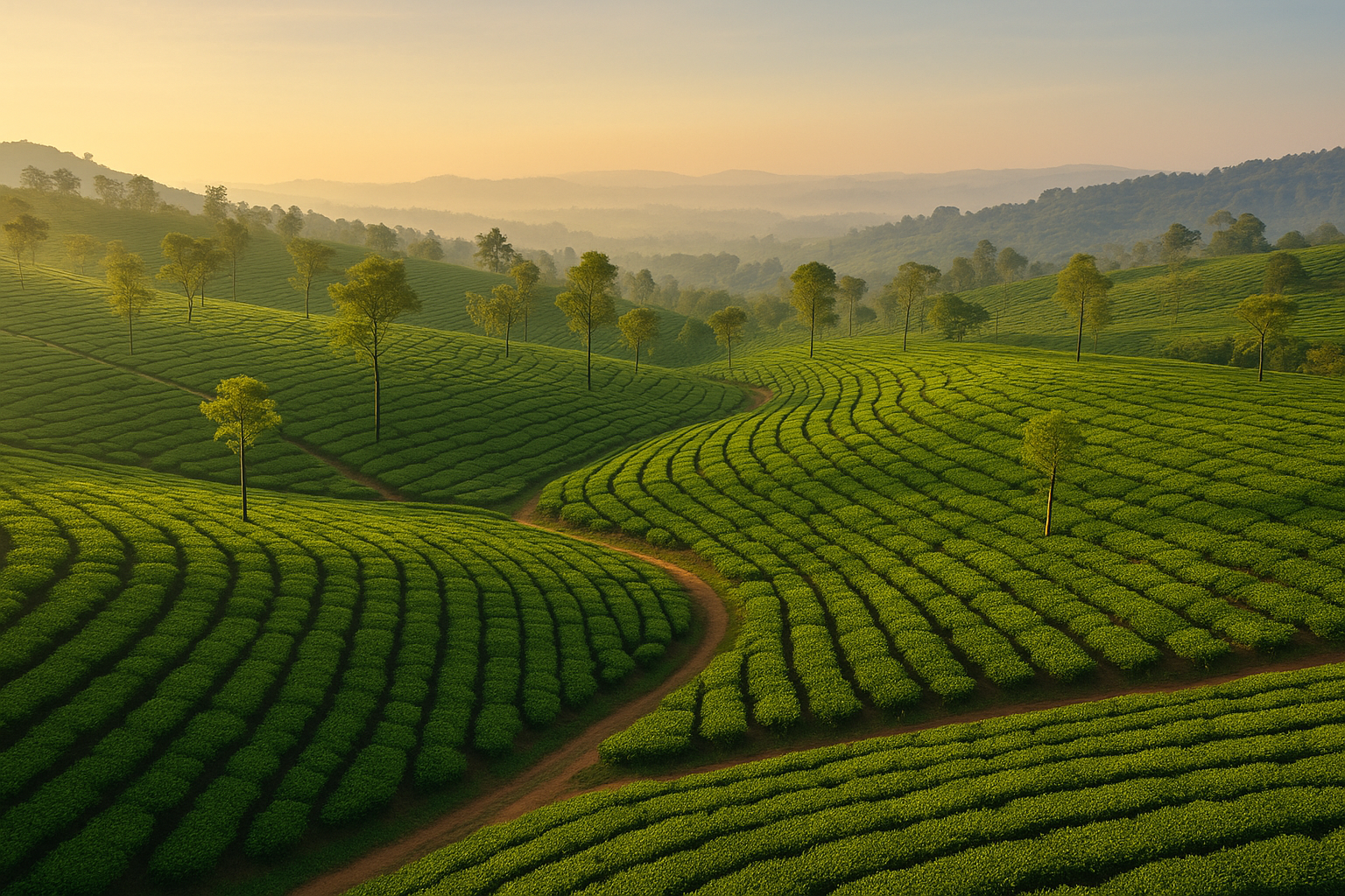 Lush Indian tea plantation at sunrise